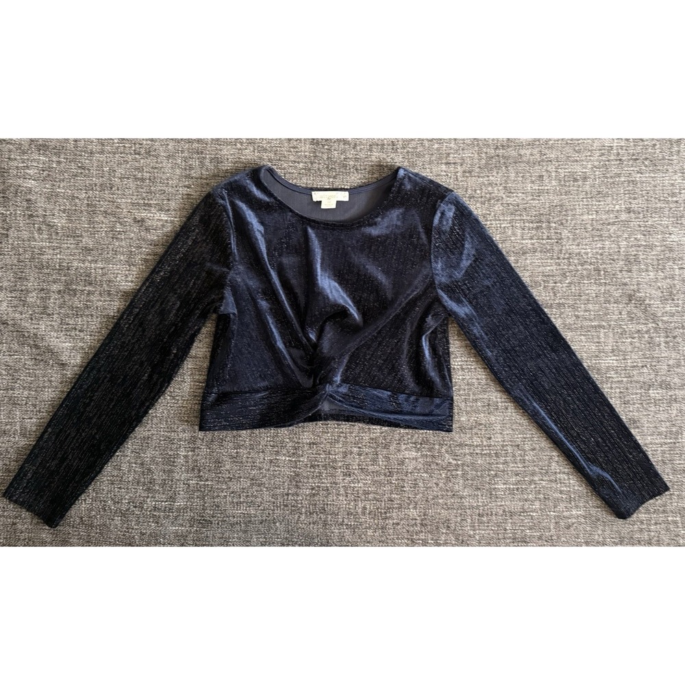Girls Navy Blue Velvet Twist Front Crop Top Shimmer Long Sleeve Party Size 12